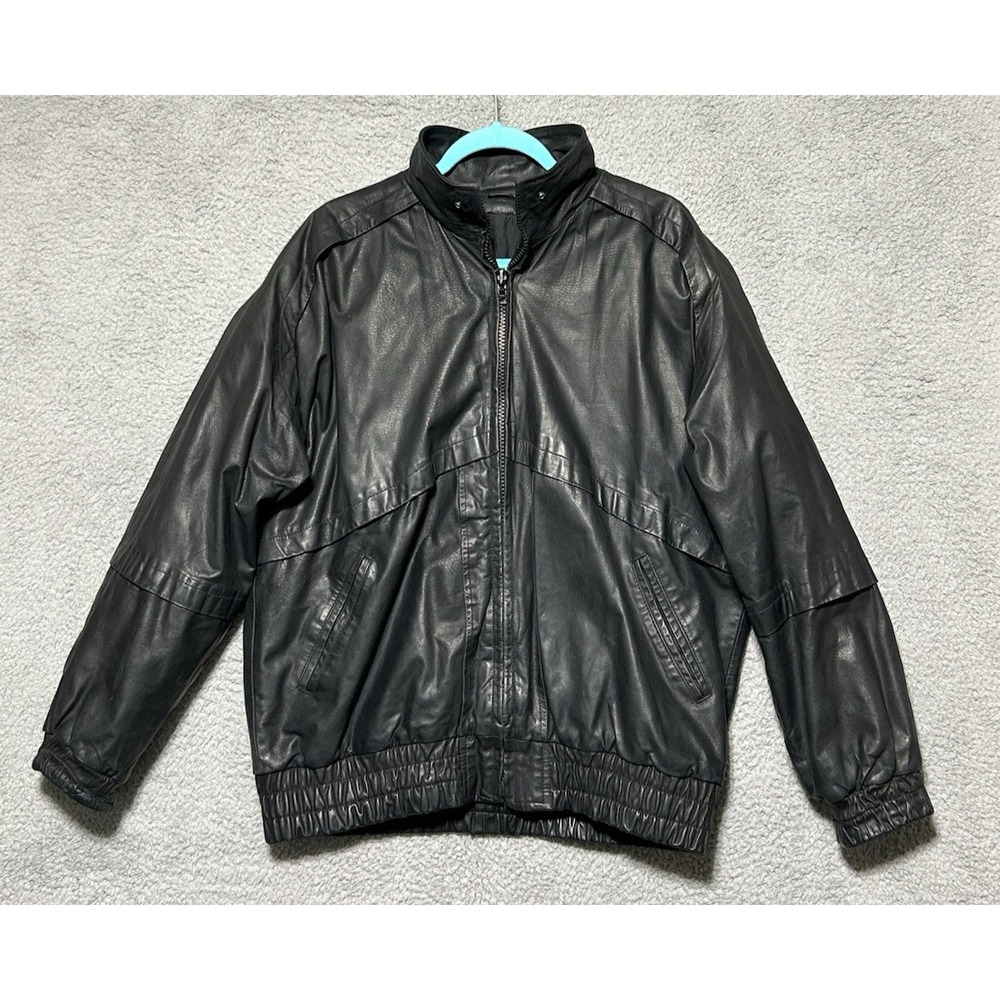 Premium Leather Jacket Mens Large Black Bomber Slim Cut‎ Ford Thunderbird